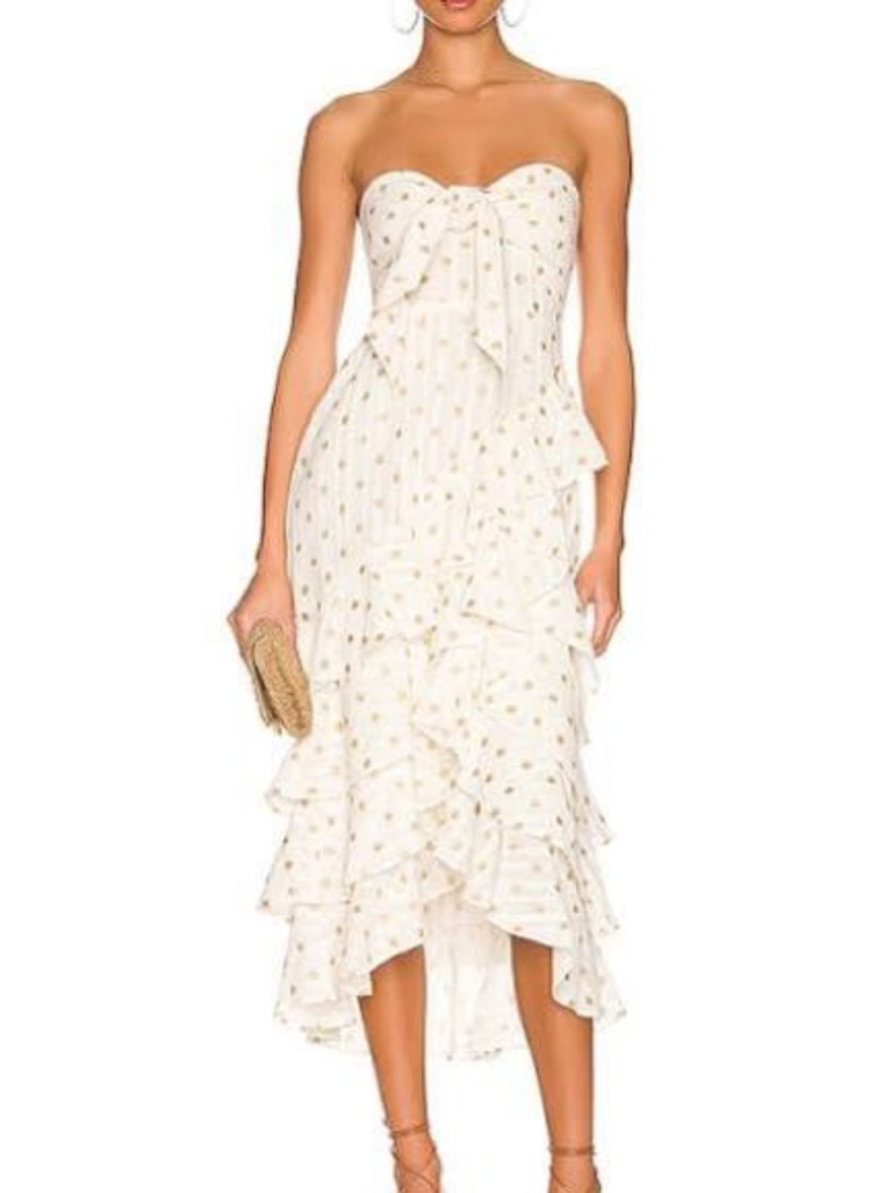Sundress brand Strapless Cream Ruffle Midi Dress with Gold Dot Accents